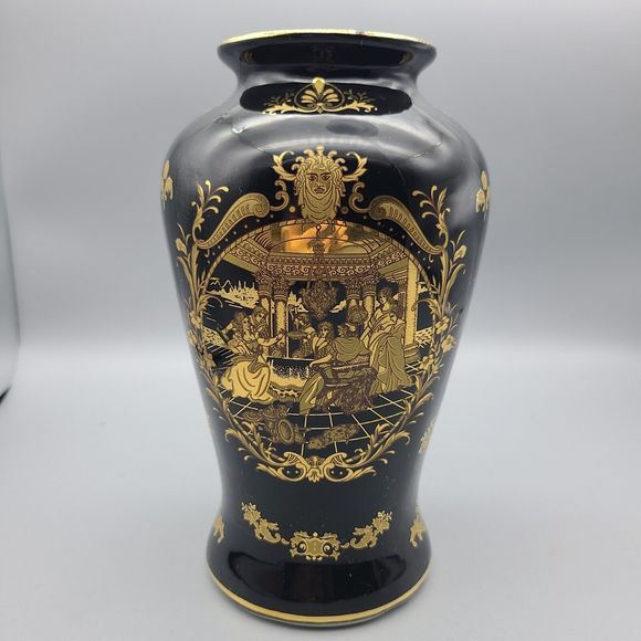 PORCELAIN  Victorian Style BLACK & GOLD VASE Porcelain  8" excellent Condition - Picture 1 of 13